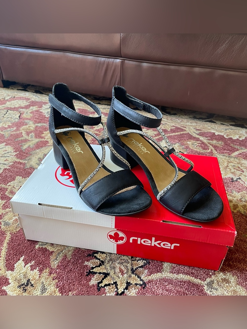 Rieker Black Strappy Heeled Sandals with Sparkle Straps